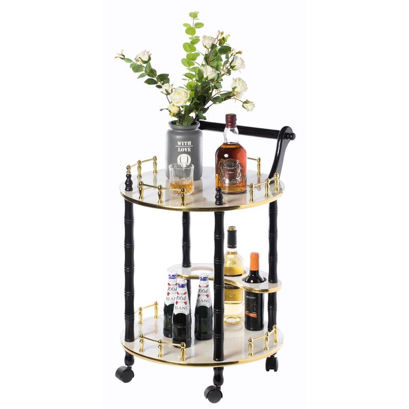 Round 2-tier Serving Bar Cart with Wheels - White Top and Brown Legs