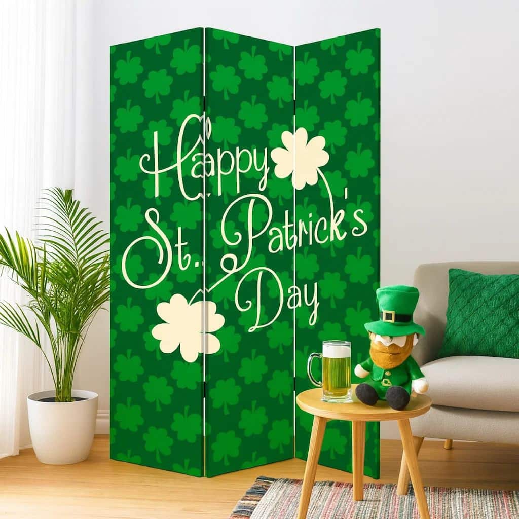 72 Inch 3 Panel Canvas St Patricks Day Print Room Divider,Green