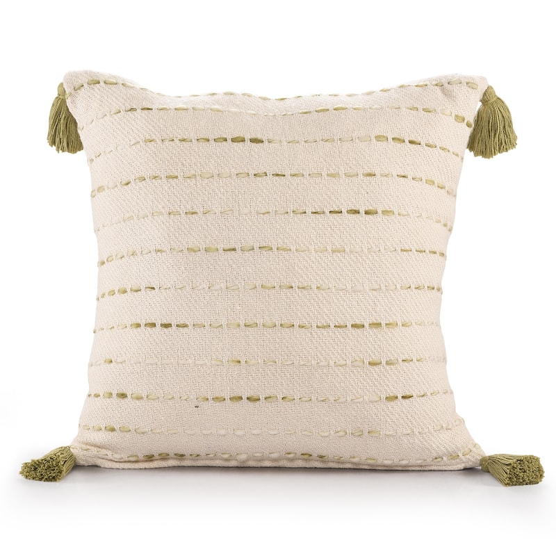 Sevita Torrent Variegated Stripe Cotton Blend Handmade 20"x20" Throw Pillow, with Tassels - Olive Green/Ivory