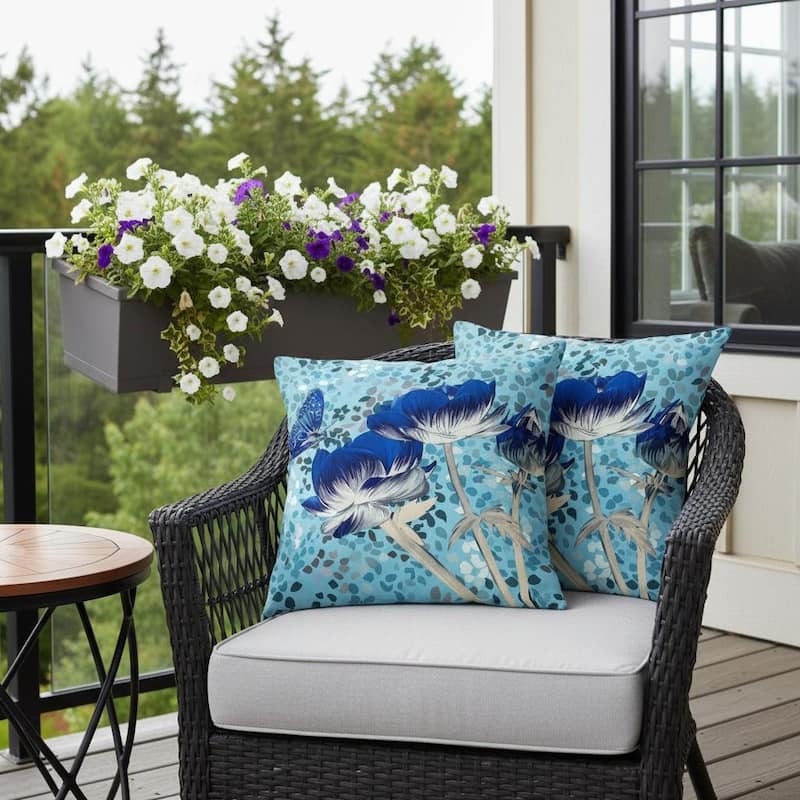 HomeRoots Set of Two 16" X 16" Blue and Gray Butterfly Blown Seam Floral Indoor Outdoor Throw Pillow - 16.00' X '16.00' X '5.00 - Blue/Gray - 16.00' X '16.00' X '5.00