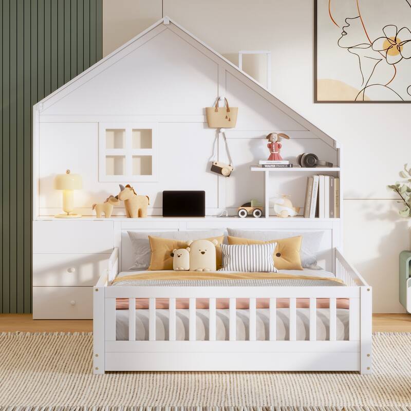 House Bed with Window and Bedside Drawers, Platform Bed with Shelves and a set of Sockets and USB Port