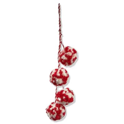 Artisan Red Wool Pom Pom Swag Tree Ornaments - Holiday Decor for Indoor Use, 1.2" H x 12" L x 1.2" W