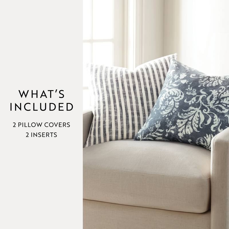 2-Pack Yarn-Dyed Patterns Decor Throw Pillows in Yarn-Dyed Bengal Stripe / Distressed Floral - Navy