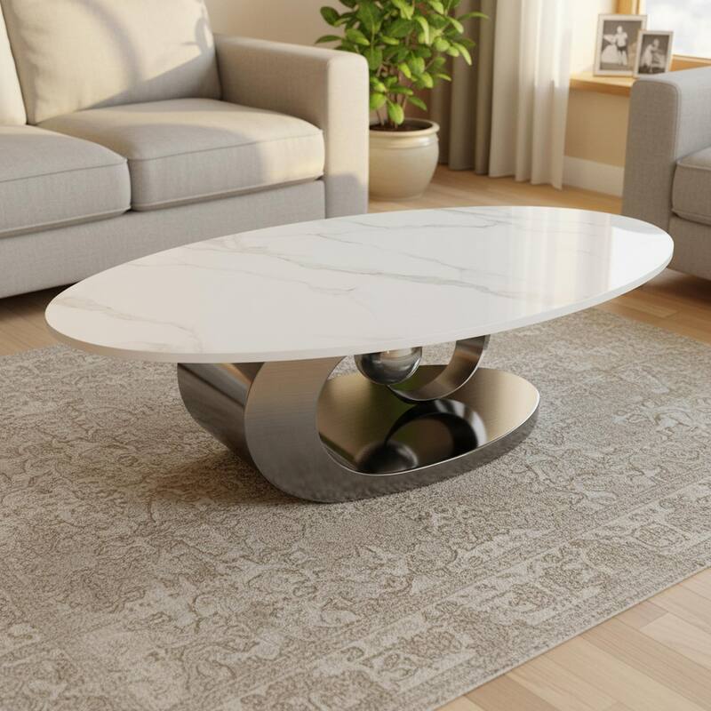 Homy Casa Marble Coffee Table with Sculptural Stainless Steel Base Family Paarty Gift