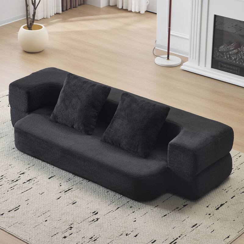 74.81" Faux Fur 3-in-1 3-Seater Floor Sofa, Converts to Bed with Memory Foam