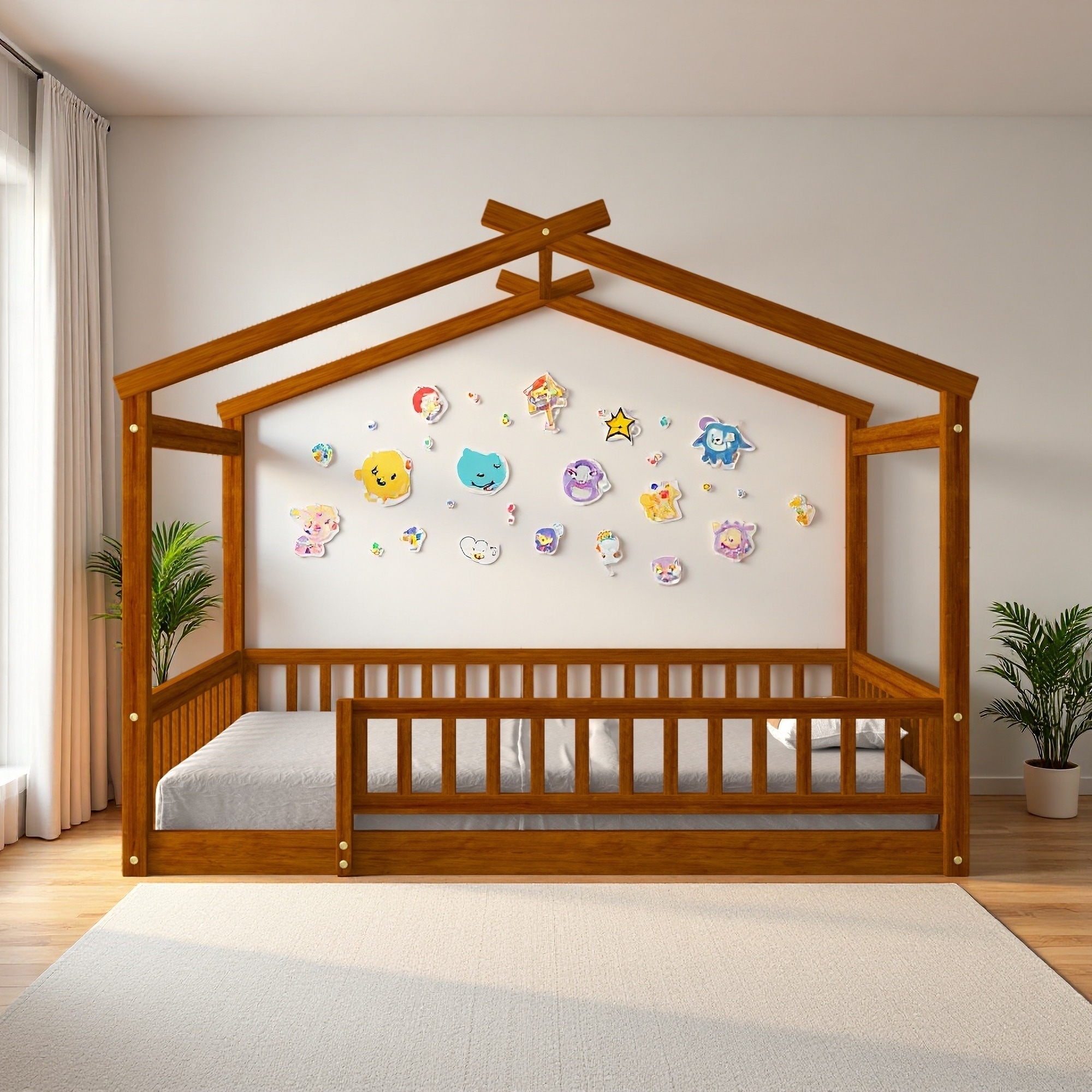 Wood House Canopy Bed Frame with Fence