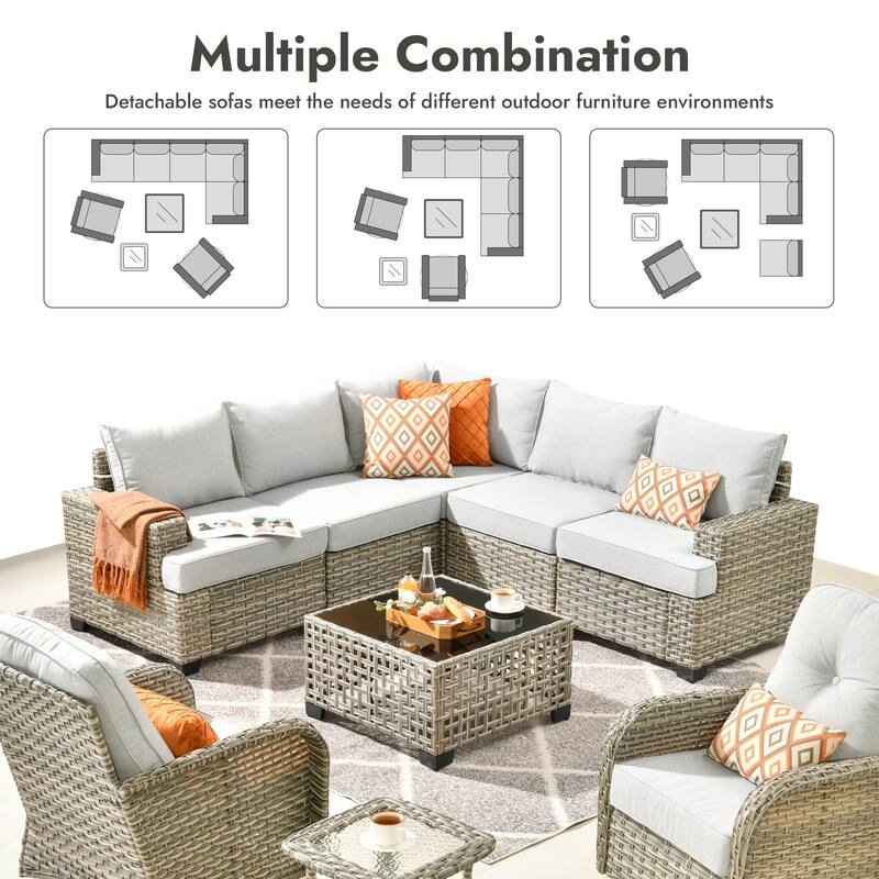 OVIOS 9 Pieces T shaped Seat Curved Swivel Chair Set With Fire Pit