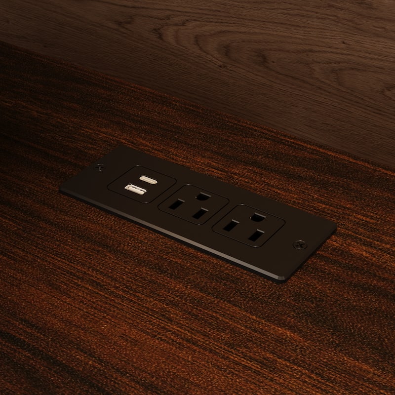 Farmhouse Nightstand with 2 Drawers, Open Shelf & Power Port, Rustic Bedside Table, Antique Brass Handles, White/Grey