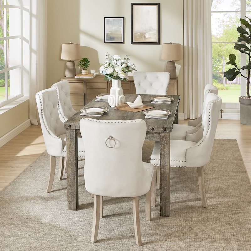 Mordern Fort Vintage Dining Table Set, Tufted Upholstered Chairs with Studded Trim