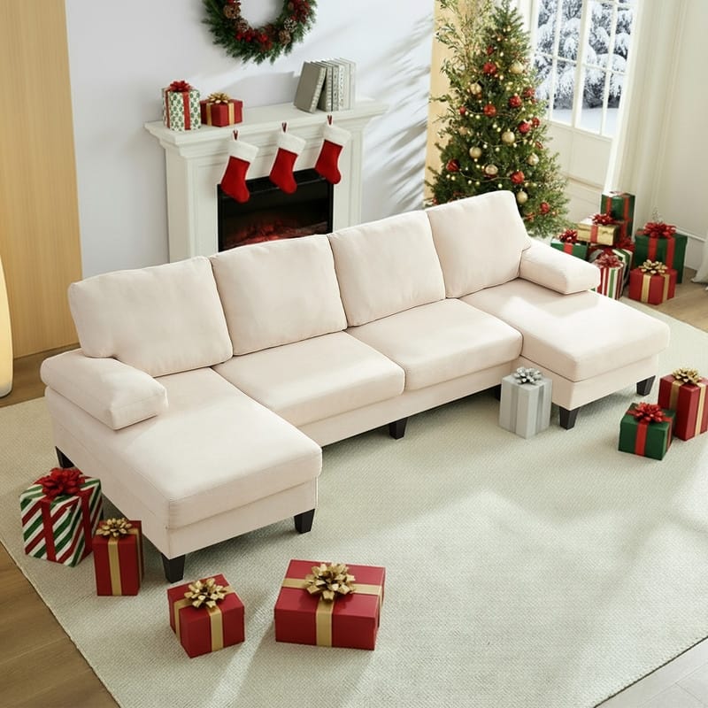 Mixoy W110"Velvet U-Shaped Sectional Sofa Couches,Upholstered 4-Seater Sofa with Double Chaises and Sleepable Armrest - Beige - Symmetrical