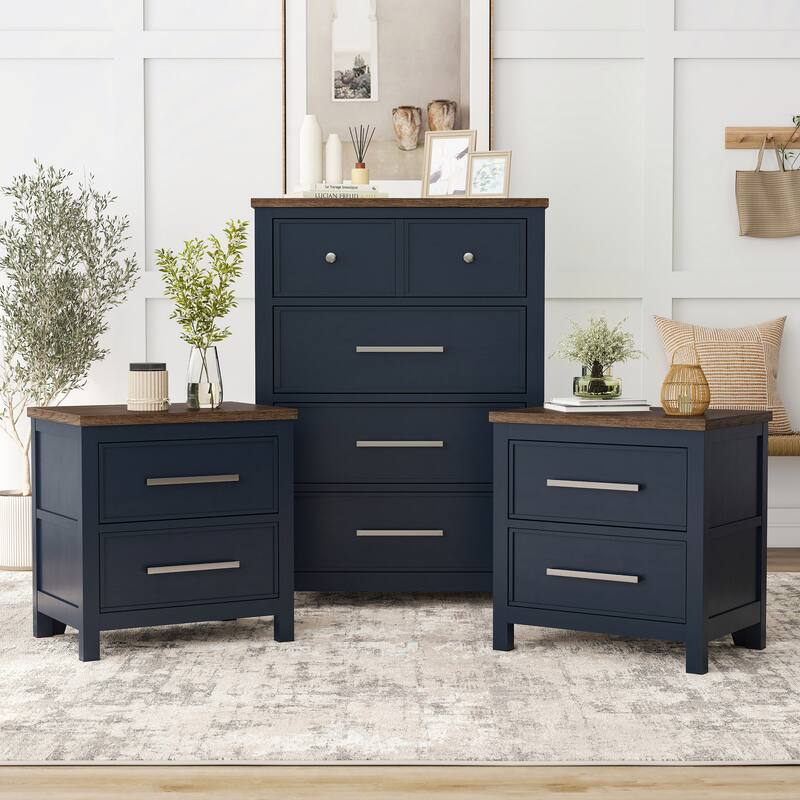 Furniture of America Althea Modern Farmhouse 3-Piece Wood Chest and 2 Nightstand Bedroom Set - Blue