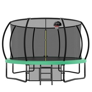 14ft Green Round Outdoor Trampoline with Safety Enclosure Net and Ladder