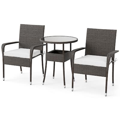 3 Piece Mix Brown PE Rattan Outdoor Patio Set with Beige Cushions and Table - Chair: 25" × 22.5" × 33"