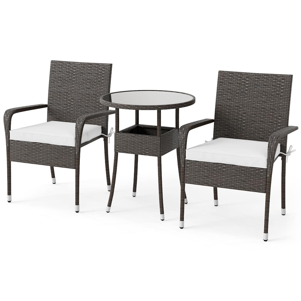 3 Piece Mix Brown PE Rattan Outdoor Patio Set with Beige Cushions and Table - Chair: 25" × 22.5" × 33"