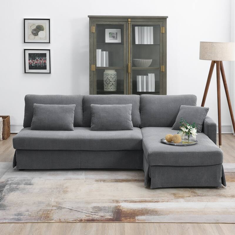 Modern L-Shaped Sofa with Reversible Chaise, 87" Corduroy Upholstered Sectional Sofa with Pillows