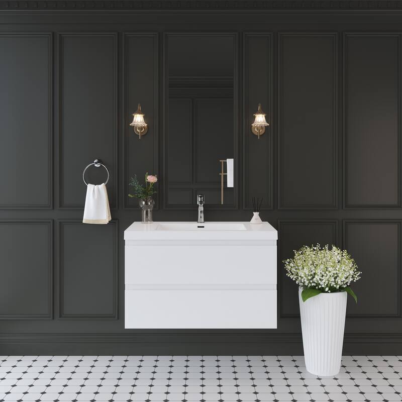 Modern Wall-Mounted Bathroom Vanity with White Solid Surface Top - 35.43'' x 19.69'' x 22.4'' - White