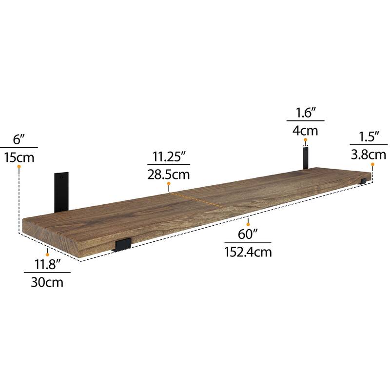 Wallniture Forte Wood Board 60" Long, 11.25'' Deep, 1.5" Thick, Wood Floating Shelf for Wall with Heavy Duty Metal Brackets, 1pc