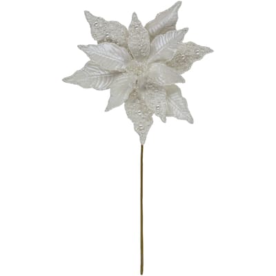 22" Pearl White Glittered Poinsettia Christmas Pick with Pearl Accents