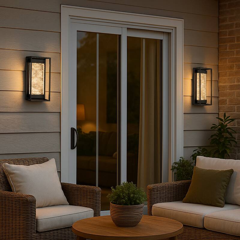 H15" Modern Outdoor Integrated LED Wall Light with Dusk to Dawn Sensor Matte Black Light Fixture with Handcrafted Textured Glass