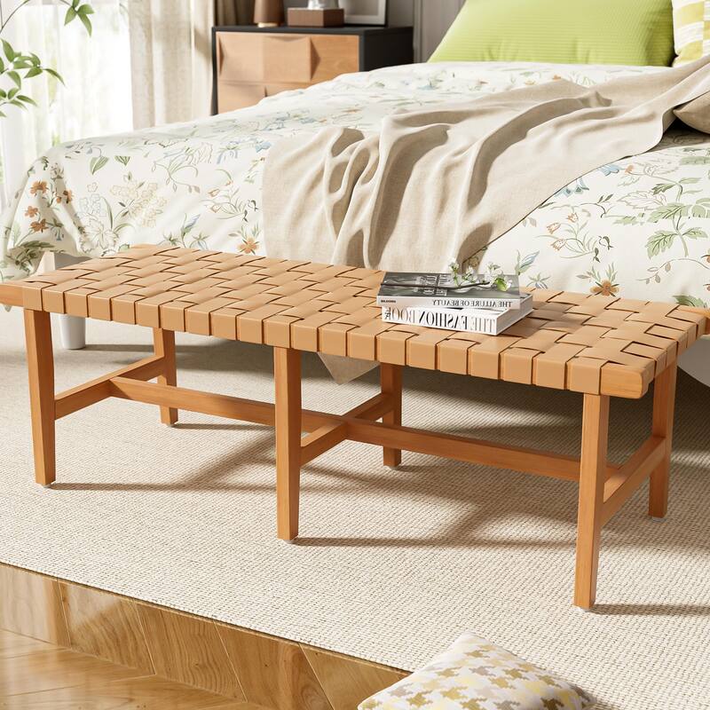 Modern Acacia Bench - Textured Leather Weave Design - Acacia