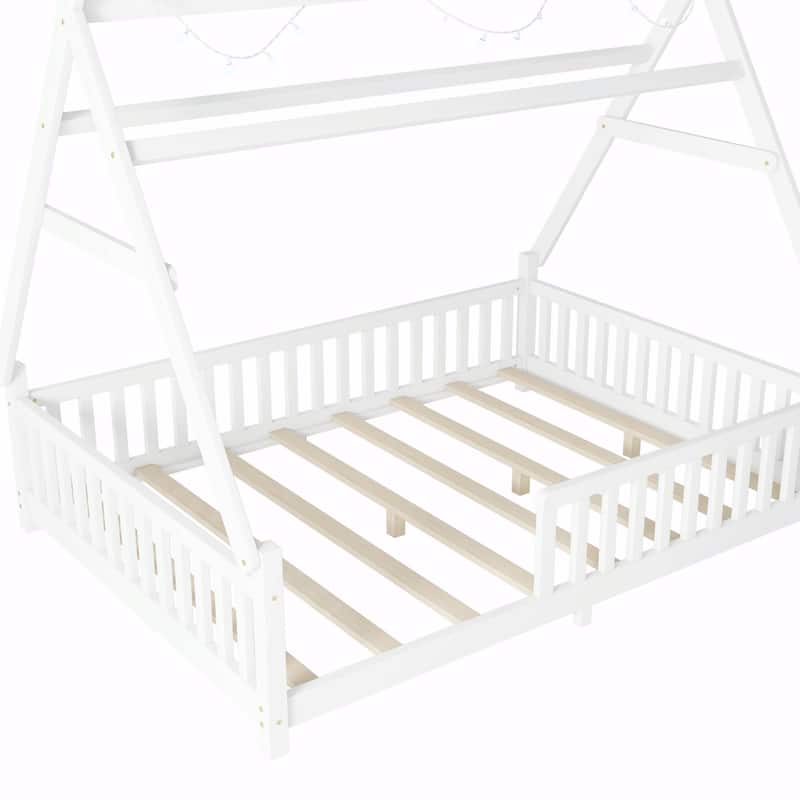 House Bed with Light, Low Floor House Bed with Fence and Roof