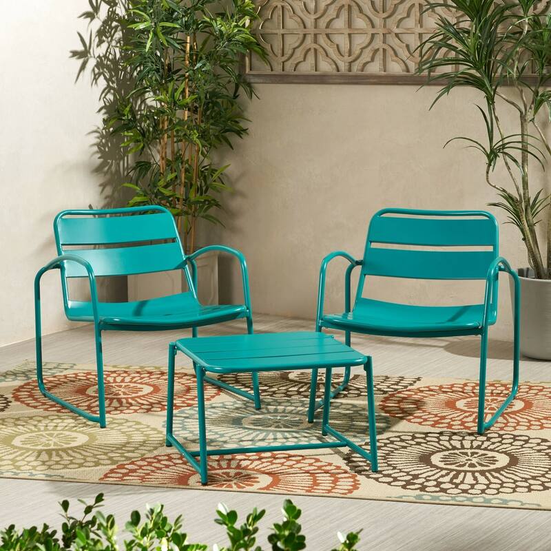 Roomfitters Outdoor Chat Set 3 Piece Metal Conversation Seating Slat Design Iron Chairs - Teal