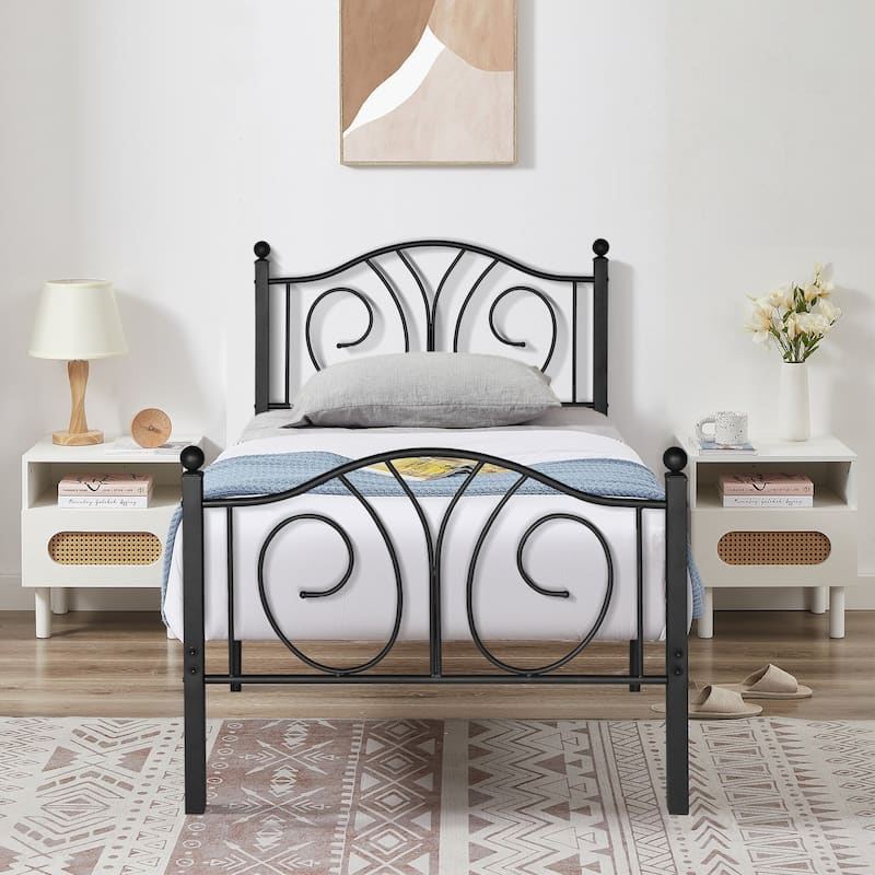 Black Vintage Scroll Metal Platform Bed Frames with Headboard - Twin