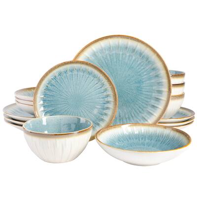 Mayfair Bay Embossed Double Bowl Dinnerware Set, Service for 4 (16pcs), Blue