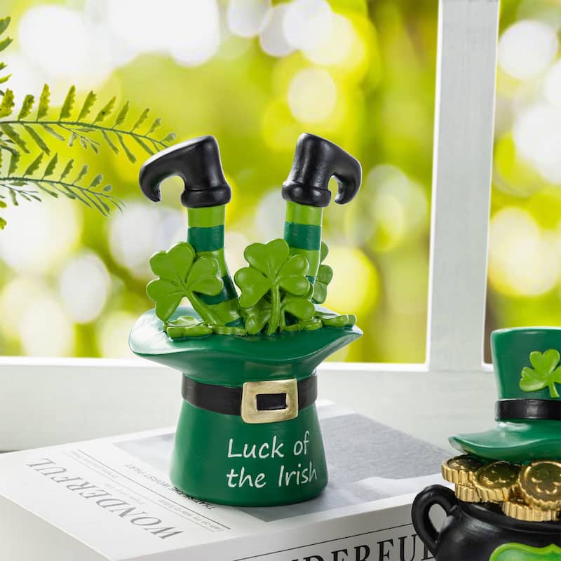 Glitzhome Set of 2 St Patrick's Resin Pot of Gold & Leprechaun Hat Table Decor