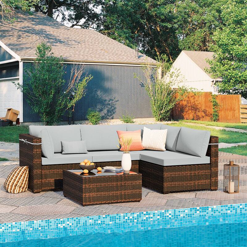Patio Watcher 5 Pieces Patio Wicker Sectional Sofa Seating Group with Cusions - Light Grey