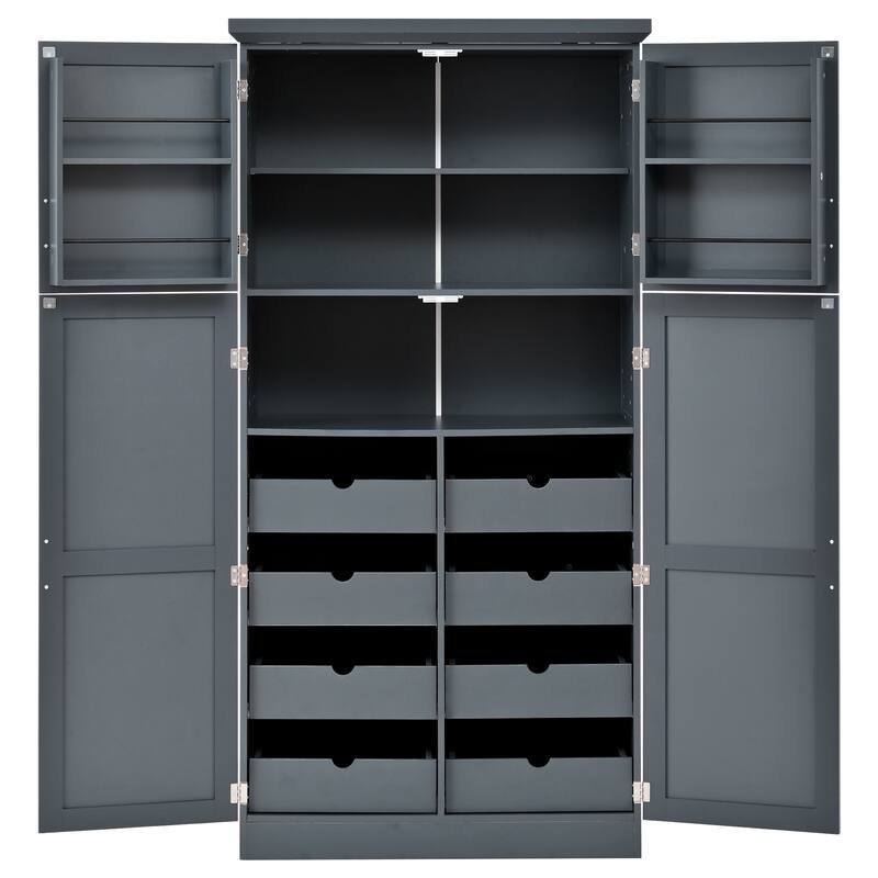 70.9 inch Freestanding Kitchen Cabinet, Tall Storage Cabinet with 4 Doors, 2 Door Shelves, 8 Pull-out Trays and Adjustable Shelf