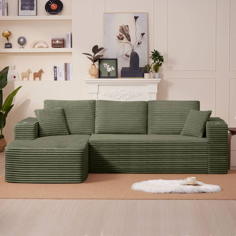 102.76" Corduroy Cloudy L Shaped Sofa with Chaise - Green