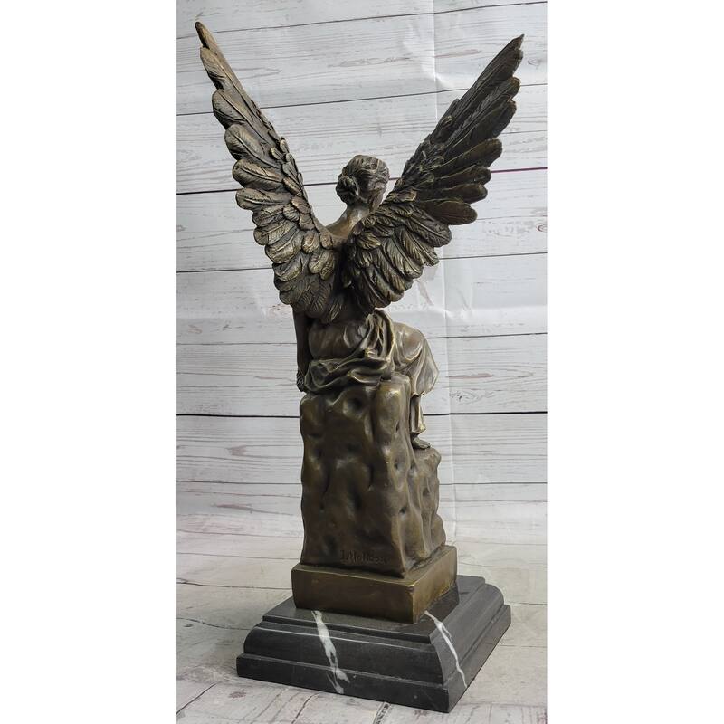 Bronze Statue Of Seated Angel Holding Wreath Sculpture On Marble Base 17 Inches X 9 Inches