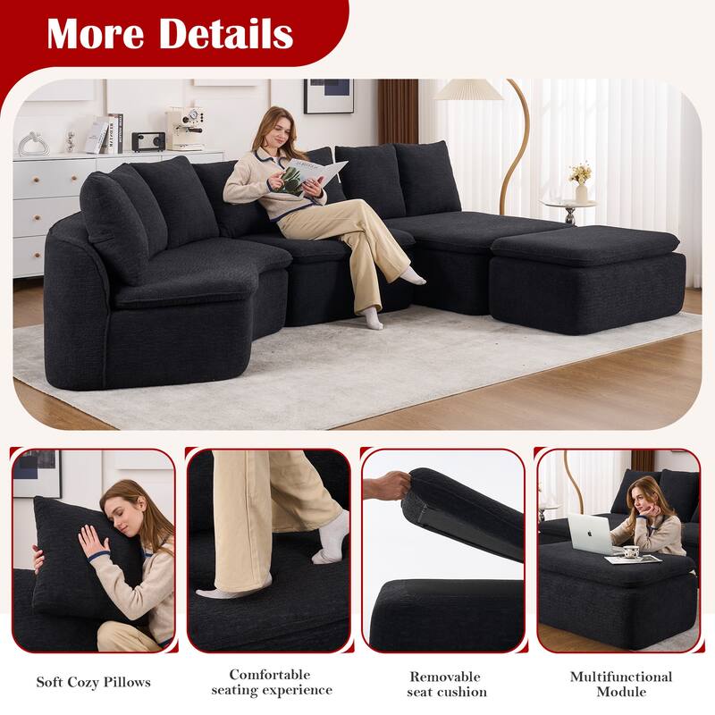 U-Shaped Modular Sectional Sofa with Ottoman, Woodgrain Chenille Deep Seat Boneless Couch, Compression Sofa with Pillows