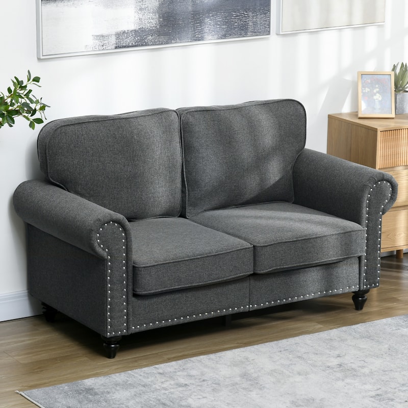 HOMCOM 61" Loveseat Sofa, Mid Century Modern 2 Seater Small Couch with Nailhead Trim, Rolled Arm, Fabric Upholstered Love Seat