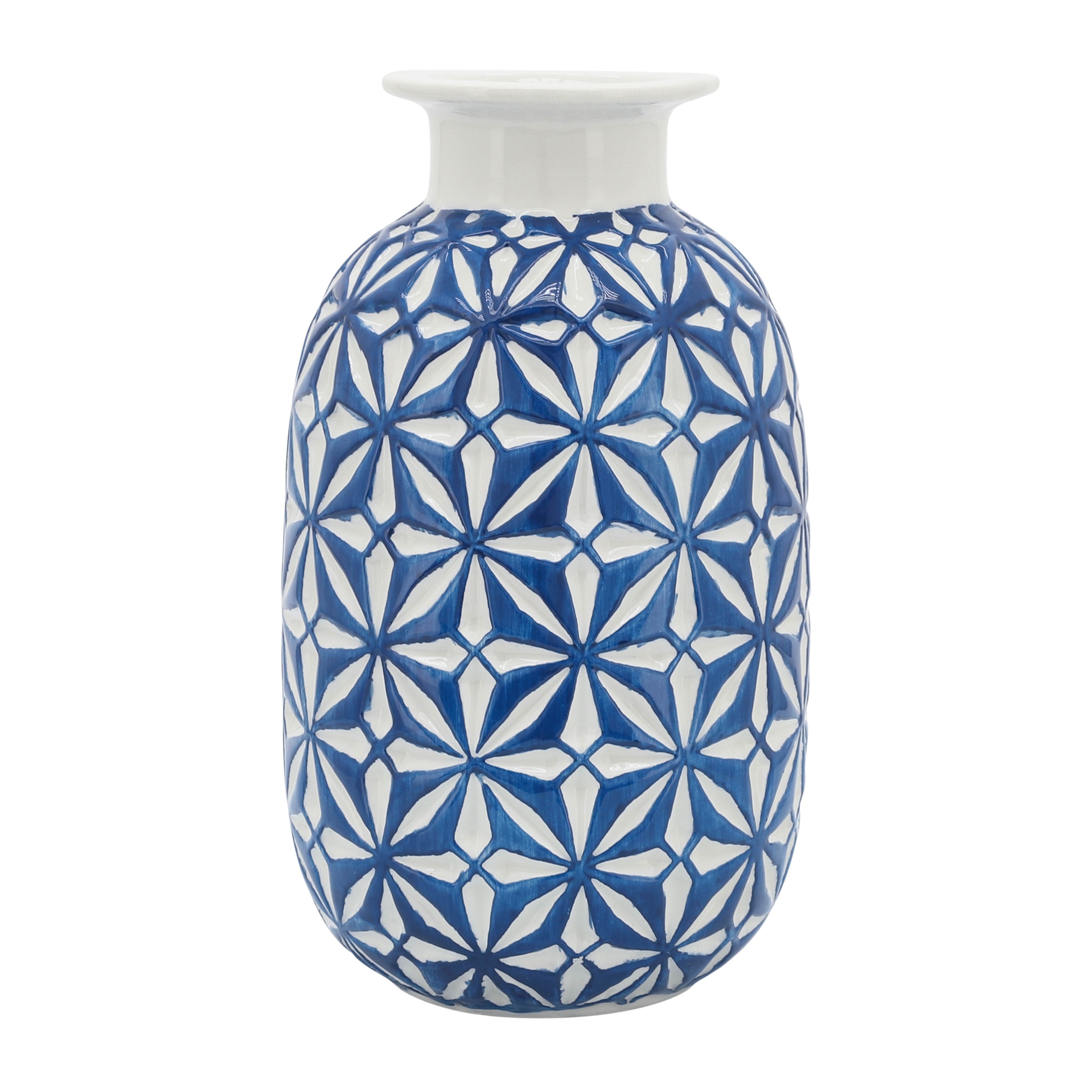 Sagebrook Home Decorative Daisy Ceramic Vase Contemporary Blue and White Flower Vase for Home, Office Decorative Accent