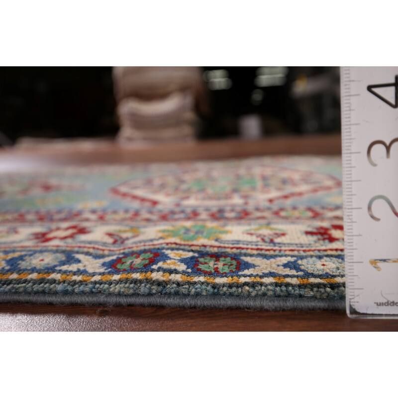Light Blue Kazak Oriental Runner Rug Handmade Geometric Wool Carpet - 2'7" x 12'7"
