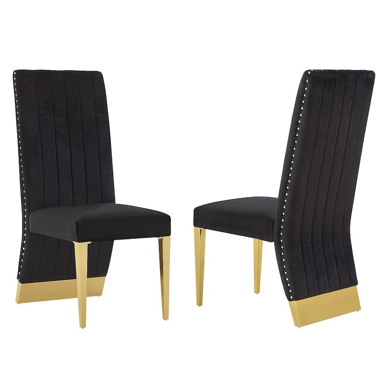 Modern Channel High Back Dining Chairs with Nailhead Trims and Polished Metal Legs - Black/Gold