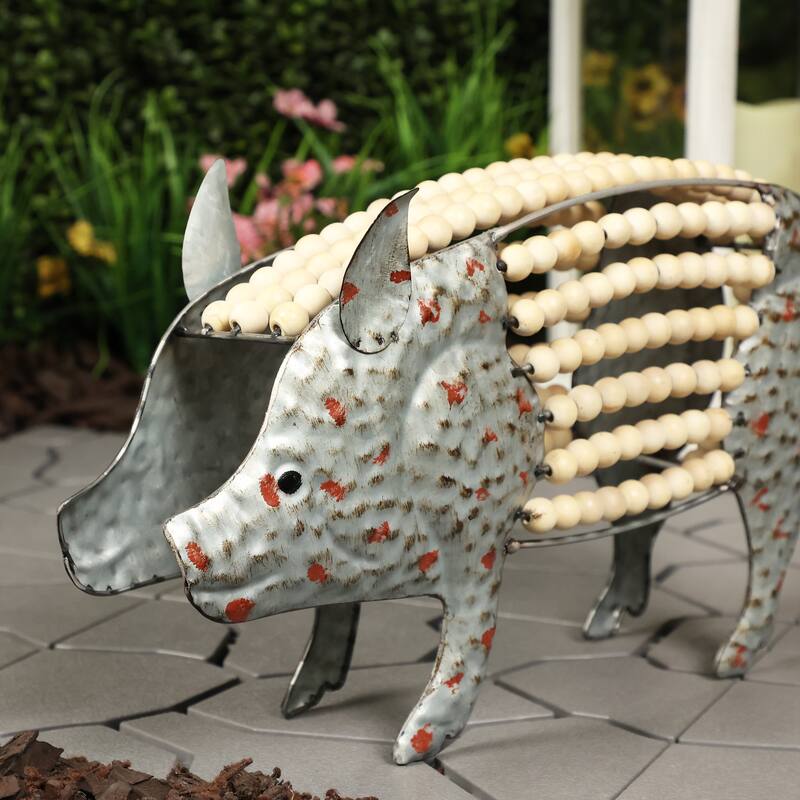 Metal Pig with Hollow Head and Wooden Beaded Body Decor
