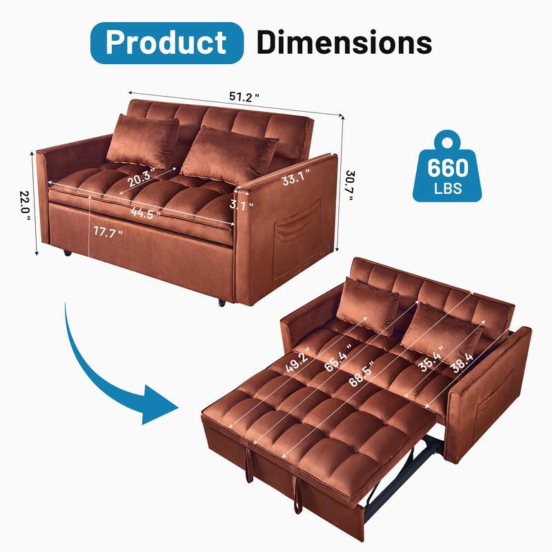 3-in-1 Convertible Sleeper Loveseat Pull Out Twin Size Suede Sofa Bed with 2 Pillows & Pocket