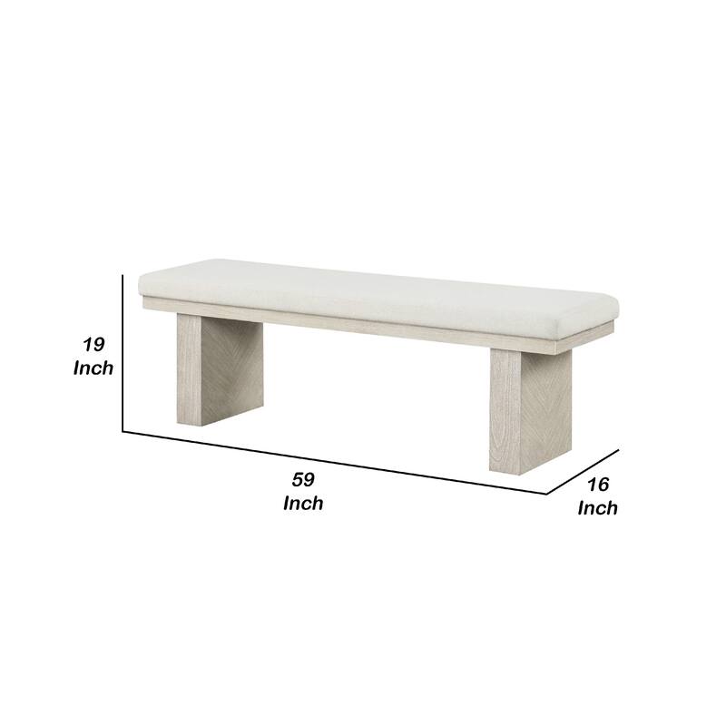 Hagy Dining Bench, 59 Inch, Panel Rubberwood Base, White Fabric Padded Seat
