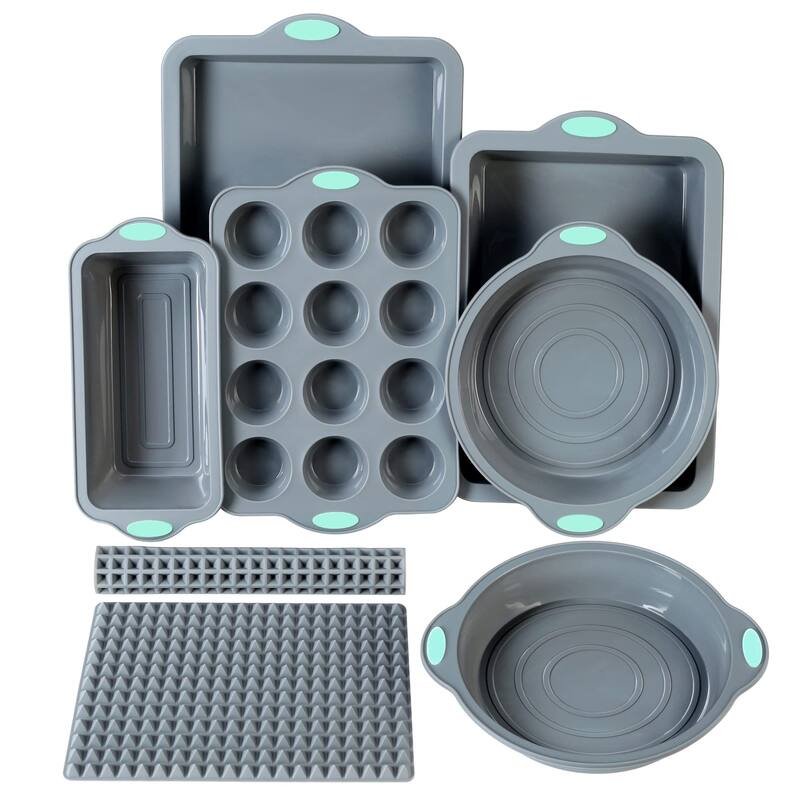 8 in 1 Silicone Baking Set - 6 Silicone Molds - 2 Silicone Baking Mat, Nonstick Cookie Sheet, Cake Muffin Bread Pan - Light Grey