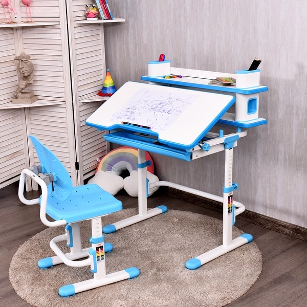 COSTWAY Bureau Enfant Ensemble Table et Chaise pour Enfants avec Lampe Hauteur Réglable Plaque de Table Inclinable pour Etude Travail Charge Max 80KG (Bleu