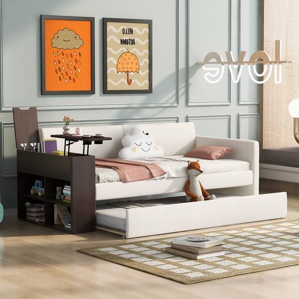 slide 2 of 18, Upholstery Daybed with Storage Arm, Trundle, Cup Holder and USB Design Beige