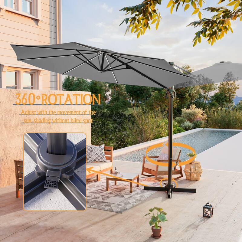 LIVOOSUN 10FT LED Round Cantilever Umbrella For Your Outdoor Space, Solution-Dyed Fabric, 360° Rotation System