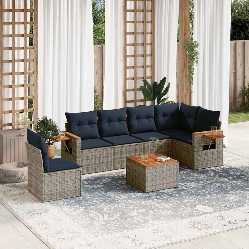 vidaXL 7 Piece Patio Sofa Set with Cushions Grey Poly Rattan (US only) - 101.2x33.5x57.9