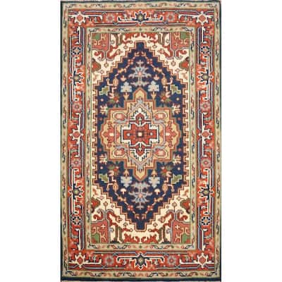 Hand Knotted Oriental 100% Wool Carpet Traditional Medallion Navy Blue & Blues Heriz (serapi) Area Rug - 5' 1'' X 3' 0''