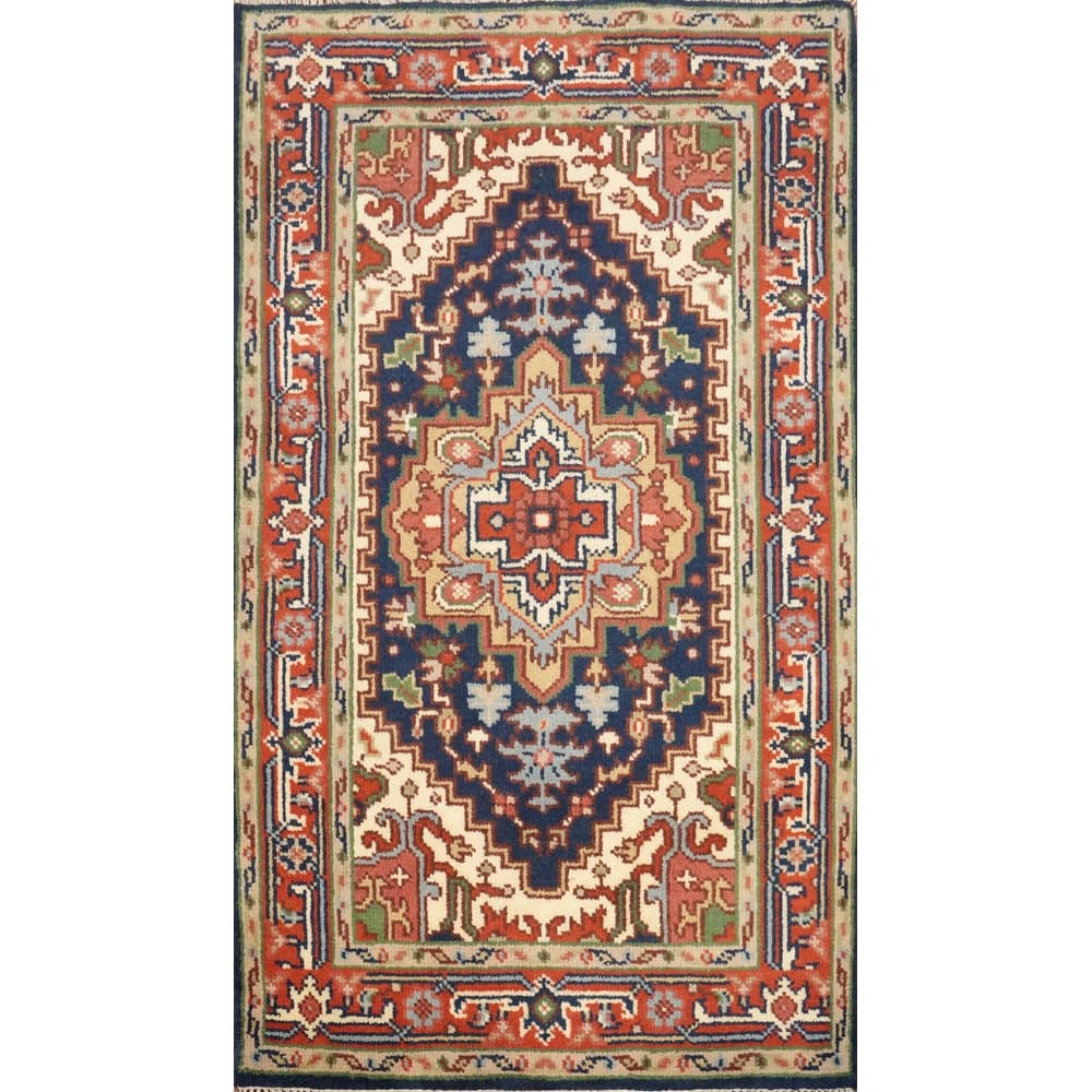 Hand Knotted Oriental 100% Wool Carpet Traditional Medallion Navy Blue & Blues Heriz (serapi) Area Rug - 5' 1'' X 3' 0''