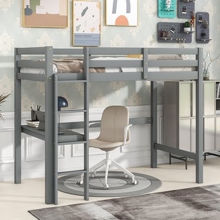 Grey Twin Size Wood Loft Bed with Desk & Safety Guardrails
