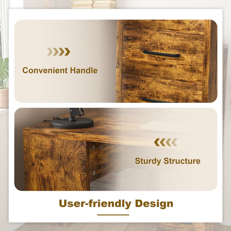 Computer Desk with Charging Station and Drawers, Office Desk with 4 Tier Storage Shelves for Home Office Study